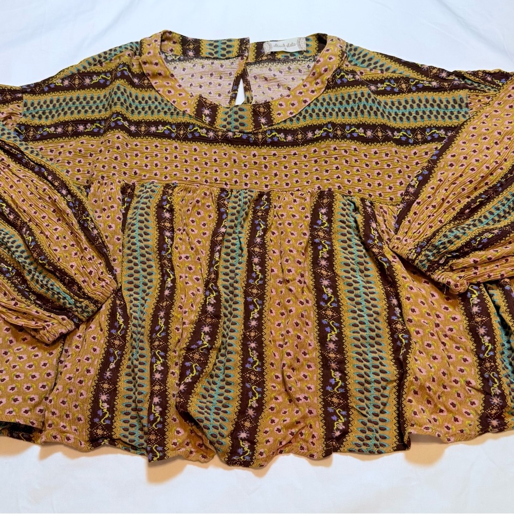 Altar'd State Boho Paisley Peplum Balloon Sleeve Blouse - Size Small